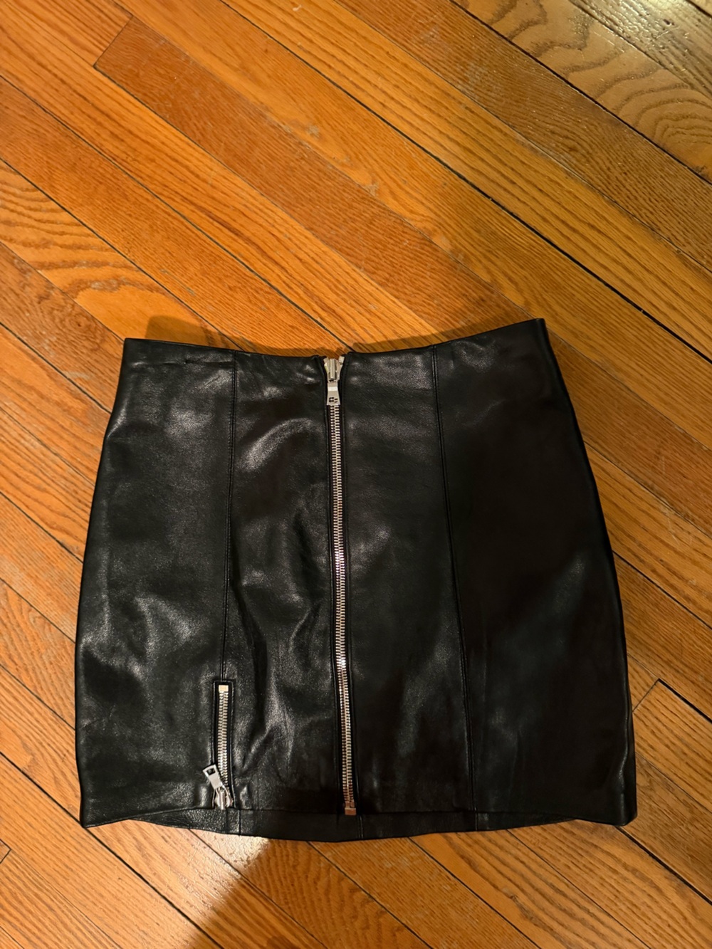 Reformation Black Leather Mini Skirt with Silver Zipper